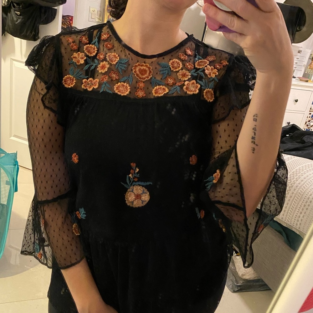 Zara Black Sheer Blouse with Floral Embroidery - Picture 12 of 12